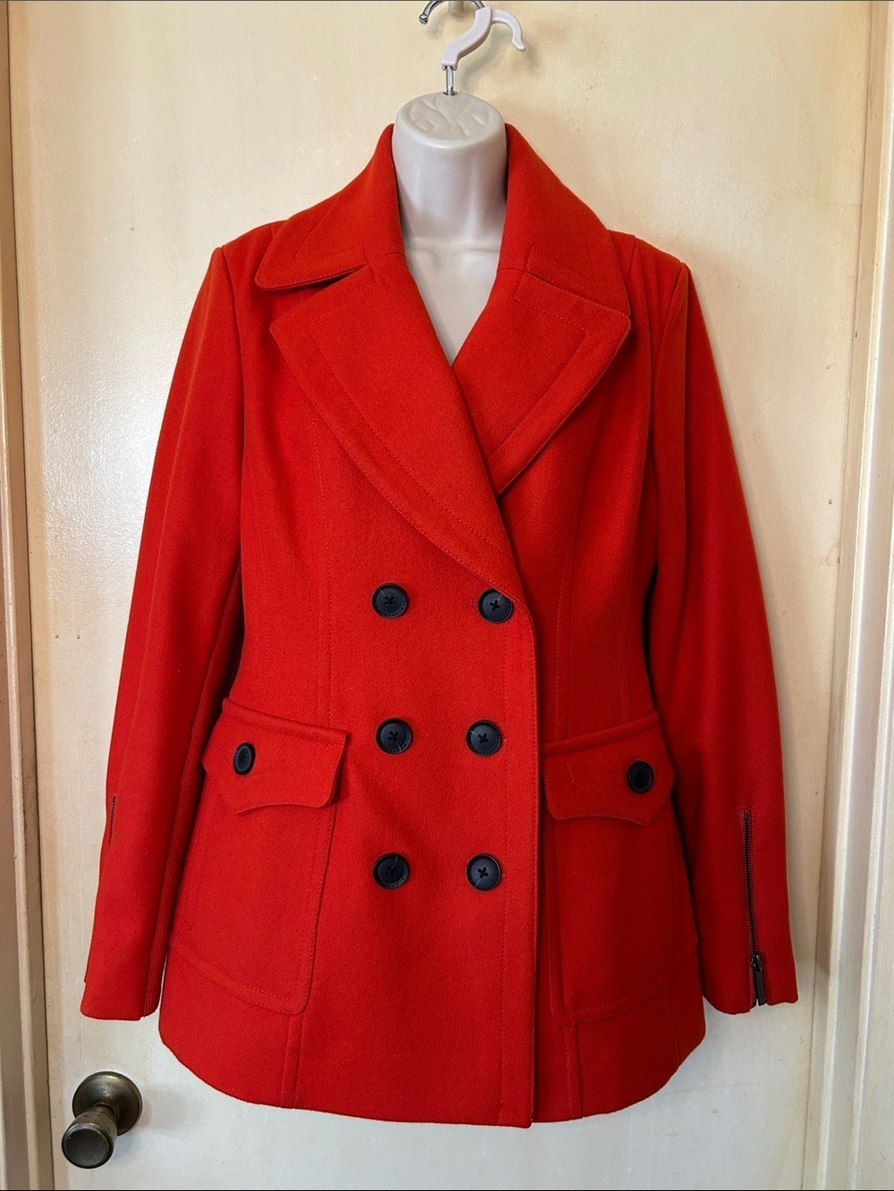 BCBGMaxAzria Vibrant Red/Orange Double-Breasted Wool Peacoat size S